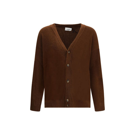 Laneus Brown Cashmere Cardigan with V-neckline and button closure, featuring a ribbed hem and cuffs for a sophisticated look.