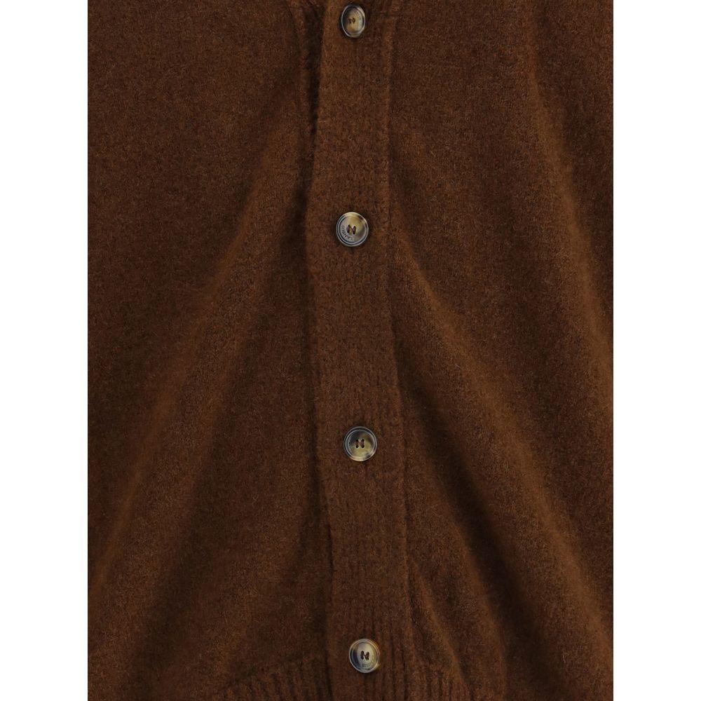 Laneus Brown Cashmere Cardigan with V-neckline, featuring ribbed hem and cuffs, perfect for sophisticated or casual AW25 looks.