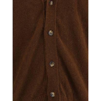 Laneus Brown Cashmere Cardigan with V-neckline, featuring ribbed hem and cuffs, perfect for sophisticated or casual AW25 looks.