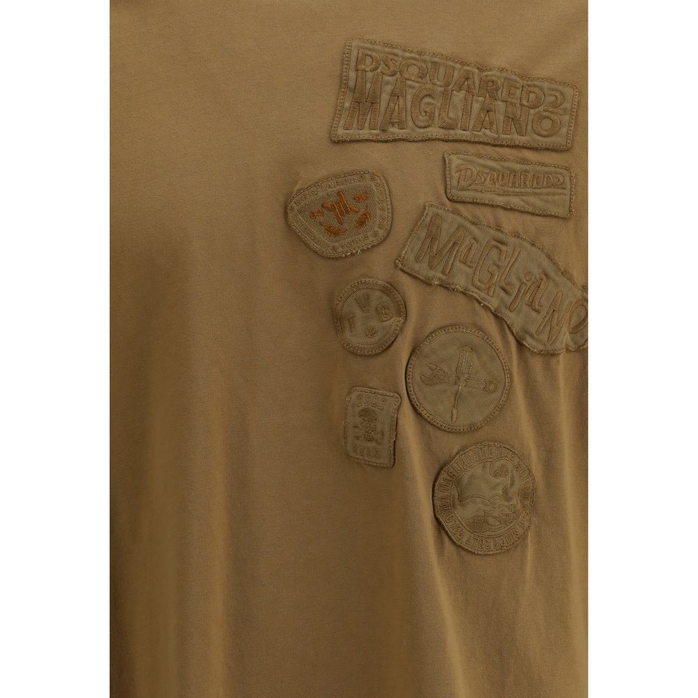 Dsquared² Brown Cotton Sportswear T-Shirt with embroidered patches and ribbed crew neck, showcasing a bold and ironic aesthetic.