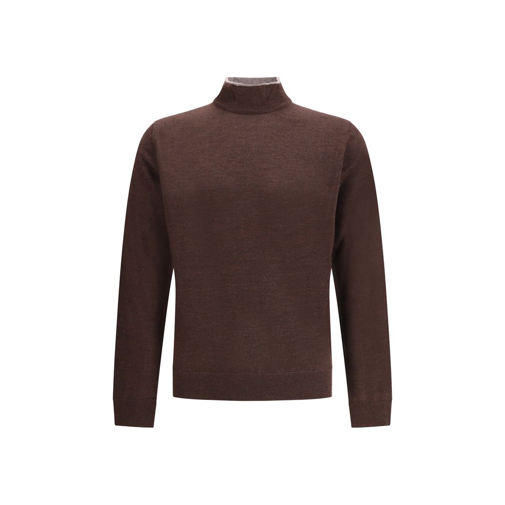Cruna Brown Wool Turtleneck with high ribbed collar, designed for elegant style in colder seasons, 100% wool, AW25 collection, regular fit.