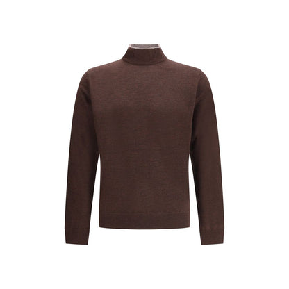 Cruna Brown Wool Turtleneck with high ribbed collar, designed for elegant style in colder seasons, 100% wool, AW25 collection, regular fit.