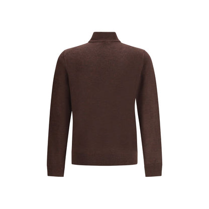 Back view of Cruna Brown Wool Turtleneck featuring high ribbed collar and ribbed cuffs, perfect for cold seasons in understated elegance.