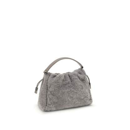 Brunello Cucinelli Gray Fur Shoulder Bag with drawstring closure and leather lining, elegant small bag featuring nickel-free metal details.