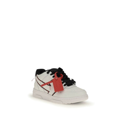 Off-White White Rubber Low Top Sneakers with arrow embroidery, front lace-up, and zip detail on display
