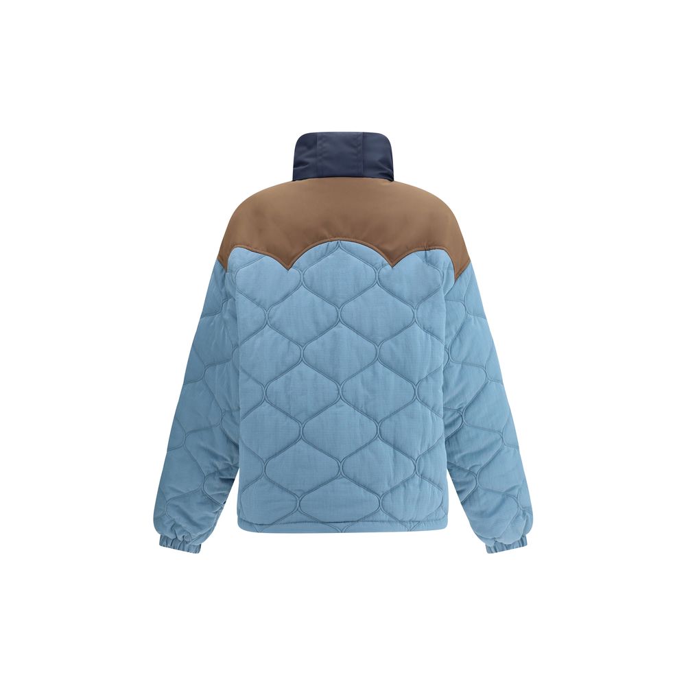 Back view of MARBELL Light Blue Polyamide Coat with contrasting shoulder detail and quilting, showcasing elegant and modern design.