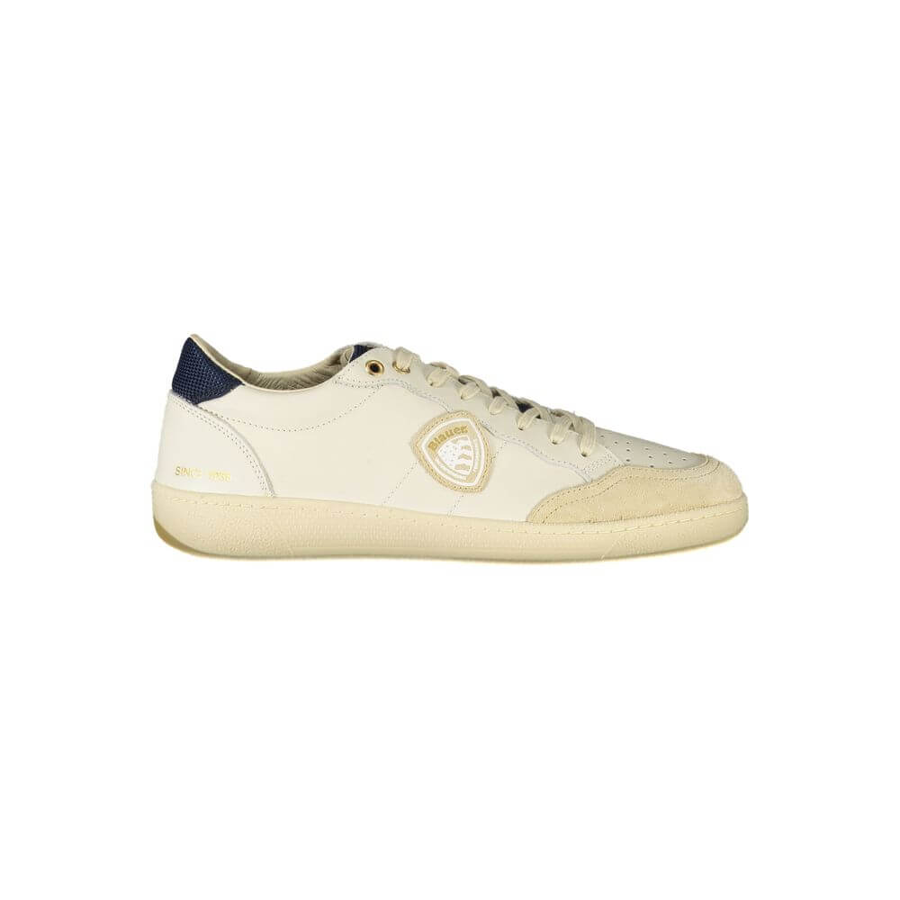 Blauer White Polyester Sneaker with laces, blue contrasting details, removable insole, and logo application.