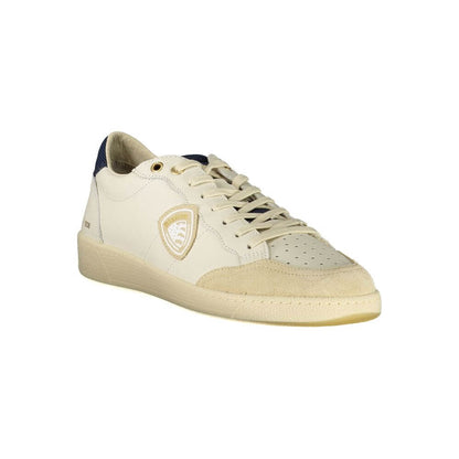 Blauer White Polyester Sneaker with blue details, laces, and logo. Features removable insole, print application. Sports shoe design.