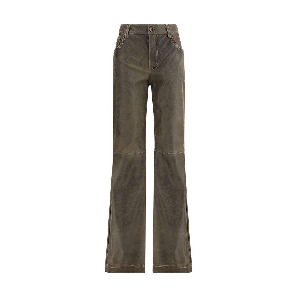 Etro Brown Leather Pants with mid-rise waist, zip-and-button front, five-pocket design, offering a stylish and versatile look for AW25.