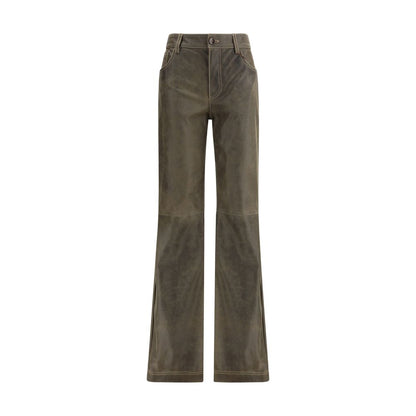 Etro Brown Leather Pants with mid-rise waist, zip-and-button front, five-pocket design, offering a stylish and versatile look for AW25.