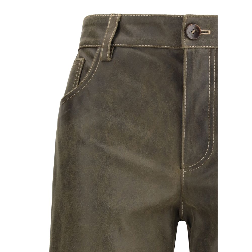 Etro Brown Leather Pants with zip-and-button front, mid-rise waist, and five-pocket design for a versatile and stylish look.
