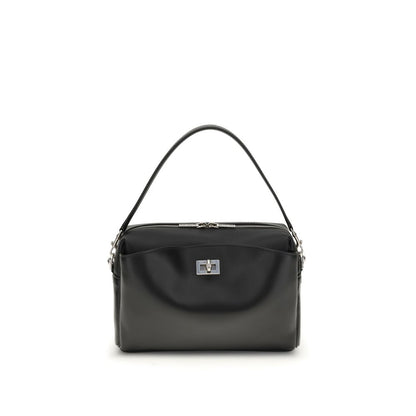 Front view of Balenciaga Black Calf Leather Bos Taurus Shoulder Bag with silver-tone hardware.