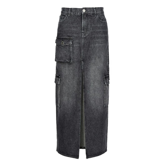 PINKO Black Cotton Skirt featuring side, flap, and back pockets with zip closure, long denim style, front view.