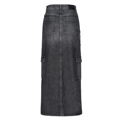 PINKO Black Cotton Skirt with zip closure, back pockets, flap pockets, and side pockets, long black design.
