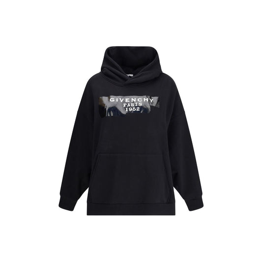 Givenchy Black Cotton Sweatshirt in gauzy fabric with hood, pouch pocket, 3D print front, ribbed hem and cuffs, oversize fit, AW25.