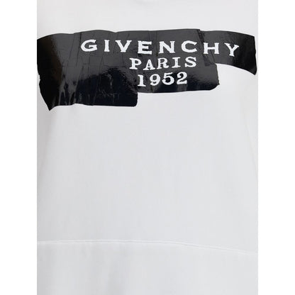 Givenchy White Cotton Sweatshirt with black GIVENCHY Tape 3D print detail on front, showcasing modern luxury and style.