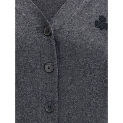 Close-up of Marant Etoile Gray Cotton Cardigan with button closure and logo, featuring V-neckline and long sleeves, 70% cotton, 30% wool.