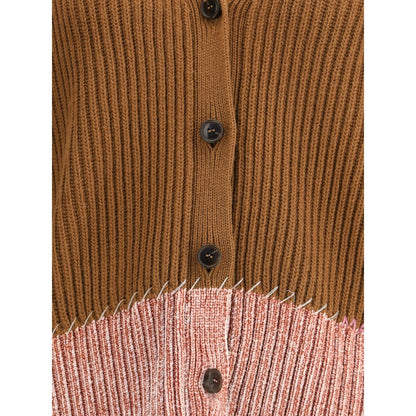 Marni Brown Viscose Cardigan with button detail, chenille underside in pink, faux raw seams, handcrafted in Italy, elegant design.
