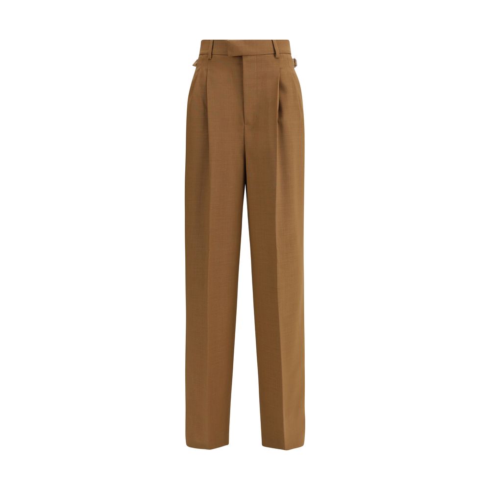 Ami Paris Brown Wool Casual Pants, high-waist wide fit with adjustable tabs, V-shaped back, front pleats, and buttoned back pockets.