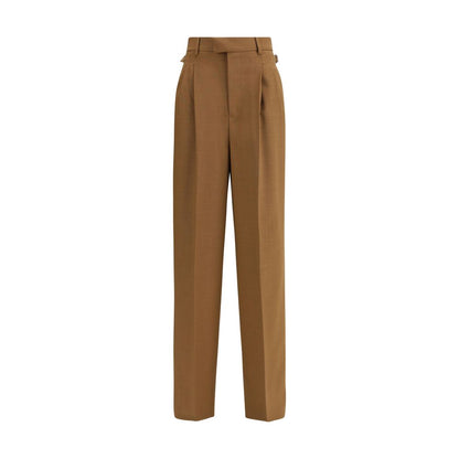Ami Paris Brown Wool Casual Pants, high-waist wide fit with adjustable tabs, V-shaped back, front pleats, and buttoned back pockets.