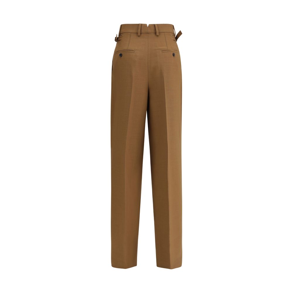 Ami Paris Brown Wool Casual Pants with high waist, adjustable tabs, buttoned back pockets, and V-shaped back detail.