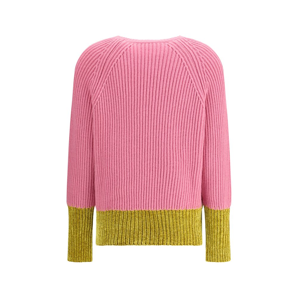 Back view of Marni Multicolor Fleece Wool Sweatshirt with color-block design and English rib knitting in pink and green.