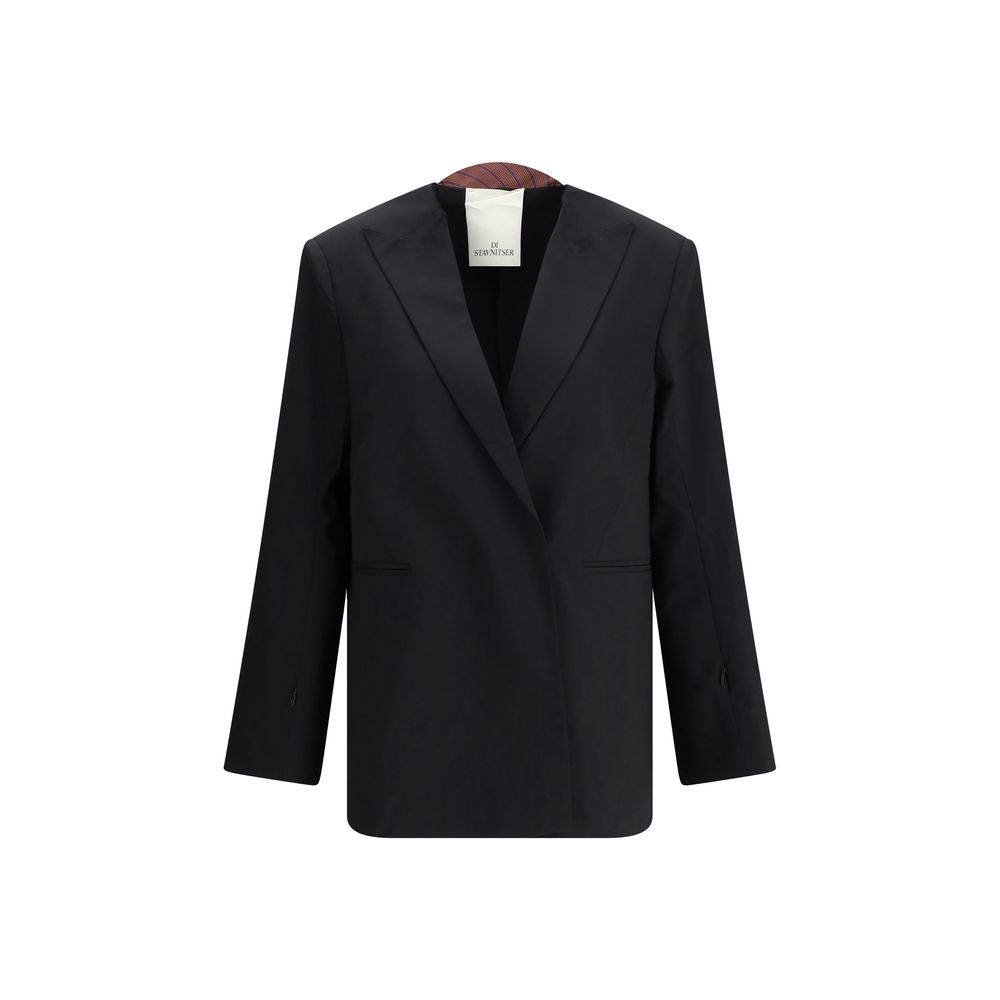 Di Stavnitser Black Polyester Blazer with raw-cut peaked lapels, concealed button closure, and welt pockets for elegant style.