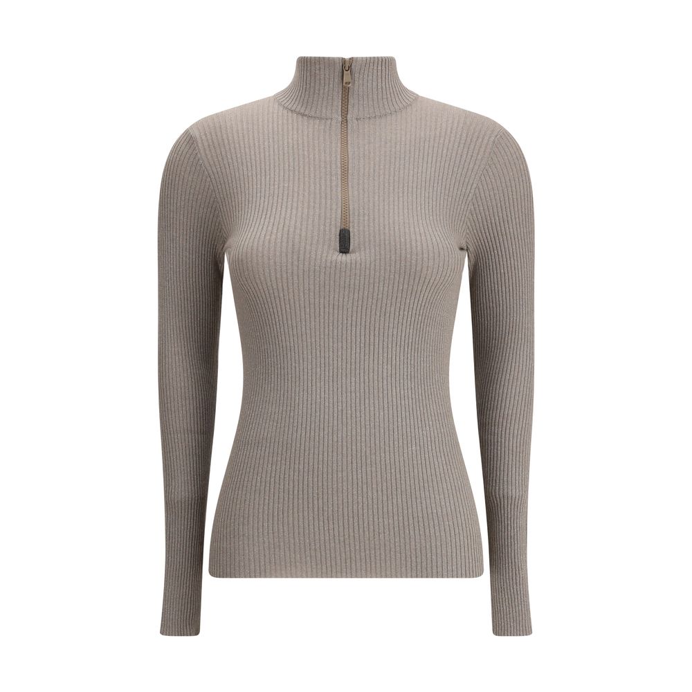 Brunello Cucinelli Brown Cashmere Sweatshirt with high neck zip and shimmering details, elegant and modern design for luxury wear.