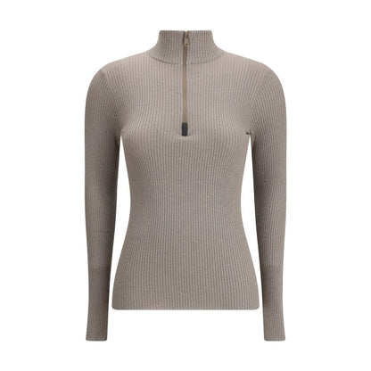 Brunello Cucinelli Brown Cashmere Sweatshirt with high neck zip and shimmering details, elegant and modern design for luxury wear.