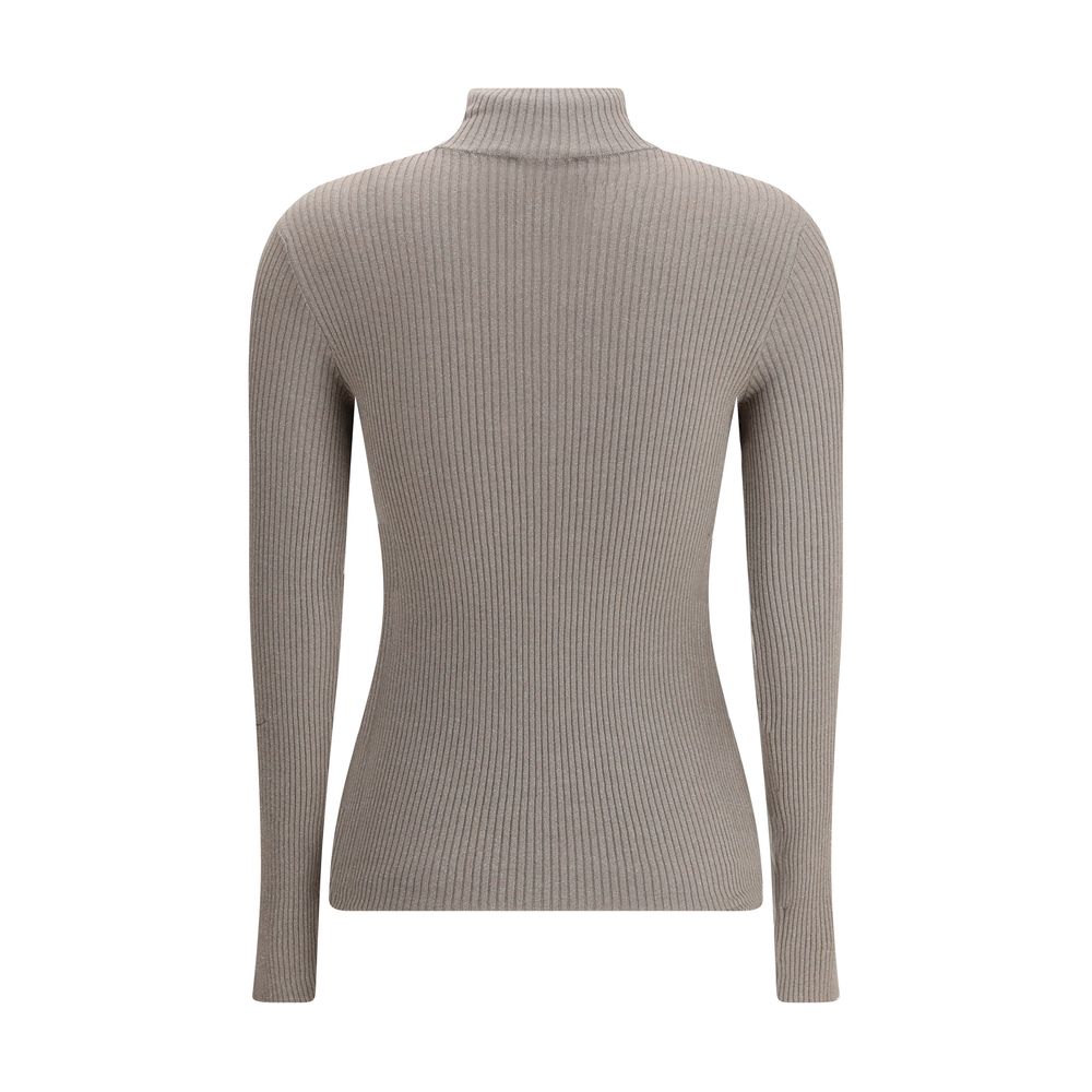 Brunello Cucinelli Brown Cashmere Sweatshirt with high neck and long sleeves, showcasing elegant design and shimmering highlights.