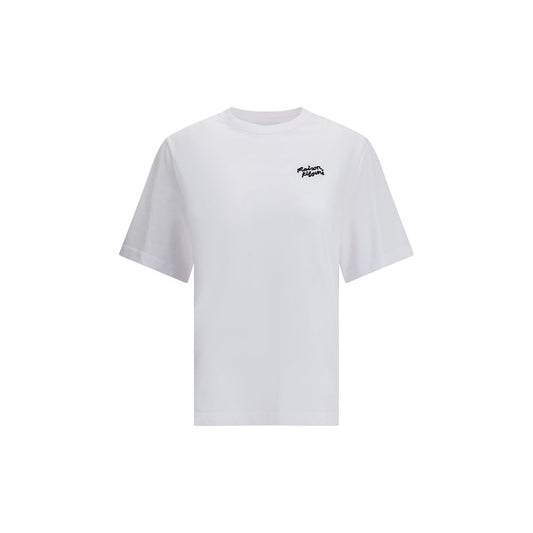 Maison Kitsuné White Cotton T-Shirt with logo, ribbed crew neck, and embroidered detail on front. Modern, versatile style for AW25 season.