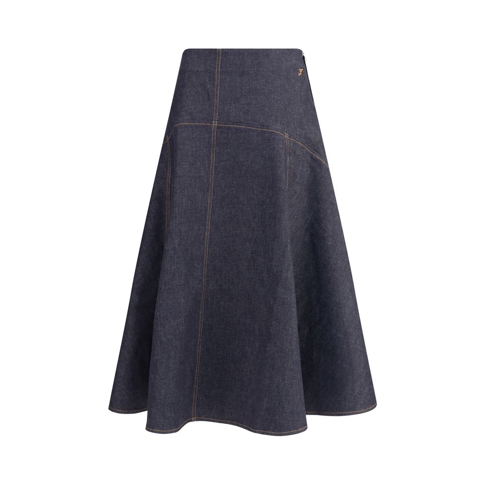 Jacquemus Blue Cotton Midi Skirt with contrast stitching, flared design, and side zipper. AW25 collection, 100% cotton denim.