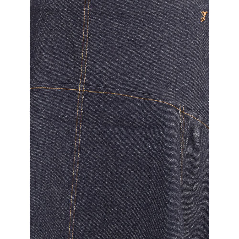 Jacquemus Blue Cotton Midi Skirt with contrast stitching and 'J' embroidery detail, showcasing a flared, contemporary design.