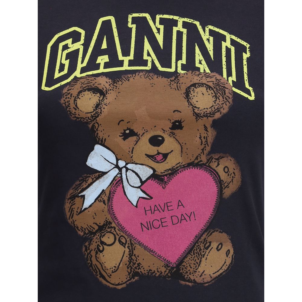Ganni Black Cotton T-Shirt with teddy bear print and "Have a Nice Day!" message promoting recycling; casual AW25 regular fit