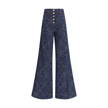 Etro Blue Cotton Flared Jeans with abstract jacquard pattern, Pegaso button, and fitted shape at hips, AW25 collection.