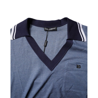 Dolce & Gabbana Blue Collared V-neck Silk Blend Polo T-shirt