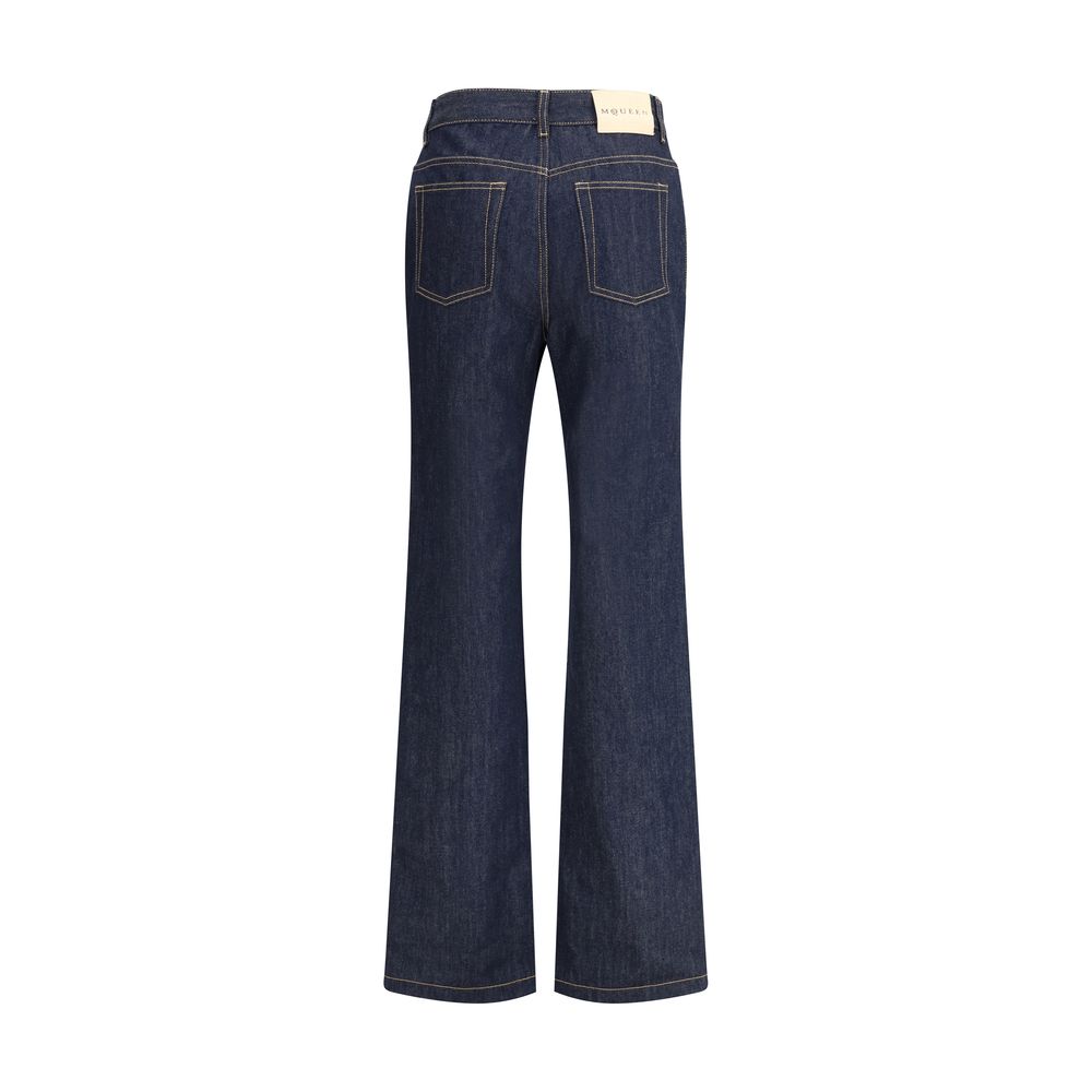 Back view of Alexander McQueen Blue Cotton Straight-Leg Jeans with contrast stitching and five-pocket design, 100% cotton for AW25 season.