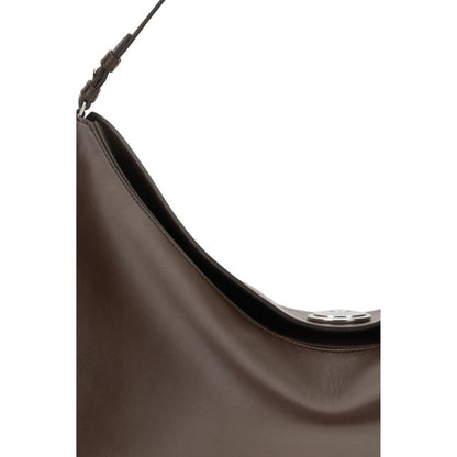 Jacquemus Brown Calf Leather Bos Taurus Shoulder Bag with engraved snap button and slim strap, detailed view.