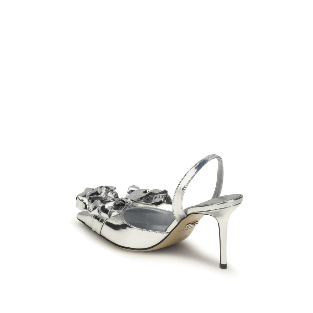 MACH & MACH Silver Leather High Heel Pumps with pointed toe, bow, and ankle strap in metallic silver leather