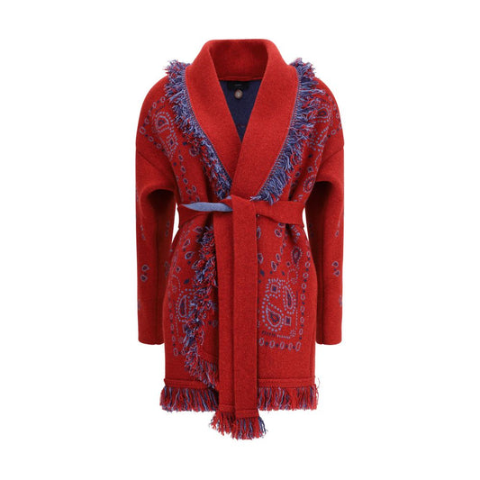 Alanui Bordeaux Cashmere Cardigan with Bandana pattern, multicolored fringed edges, double jacquard knit, and two-tone waistband.