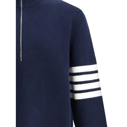 Thom Browne Blue Fleece Wool Sweatshirt with 4-Bar intarsia and half-zip collar, showcasing elegance and contemporary edge, AW25 collection.