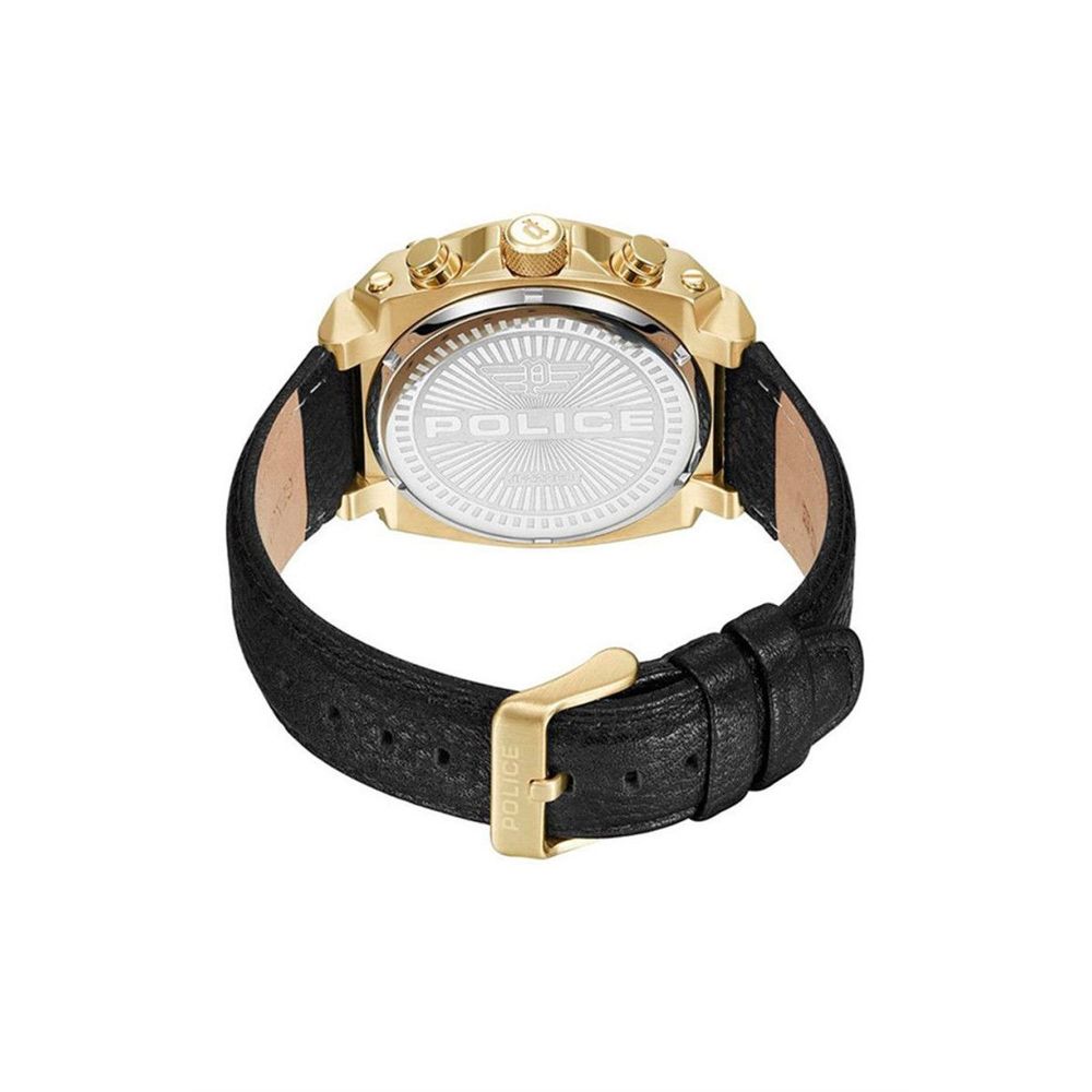 Back view of the Police Black Leather Watch with golden stainless steel case and black leather strap.