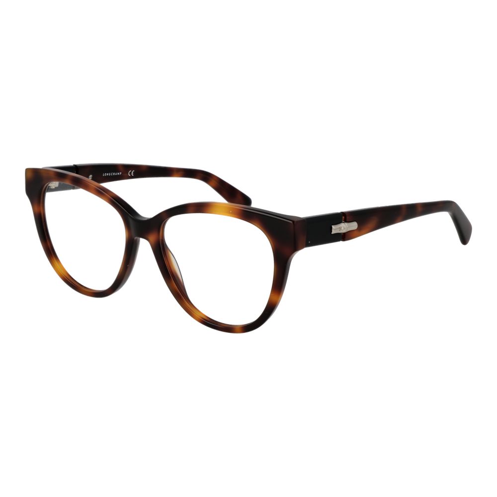 Longchamp Brown Acetate Glasses (Frames) for women, full-rim butterfly style with plastic demo lenses, size 53-16-140.