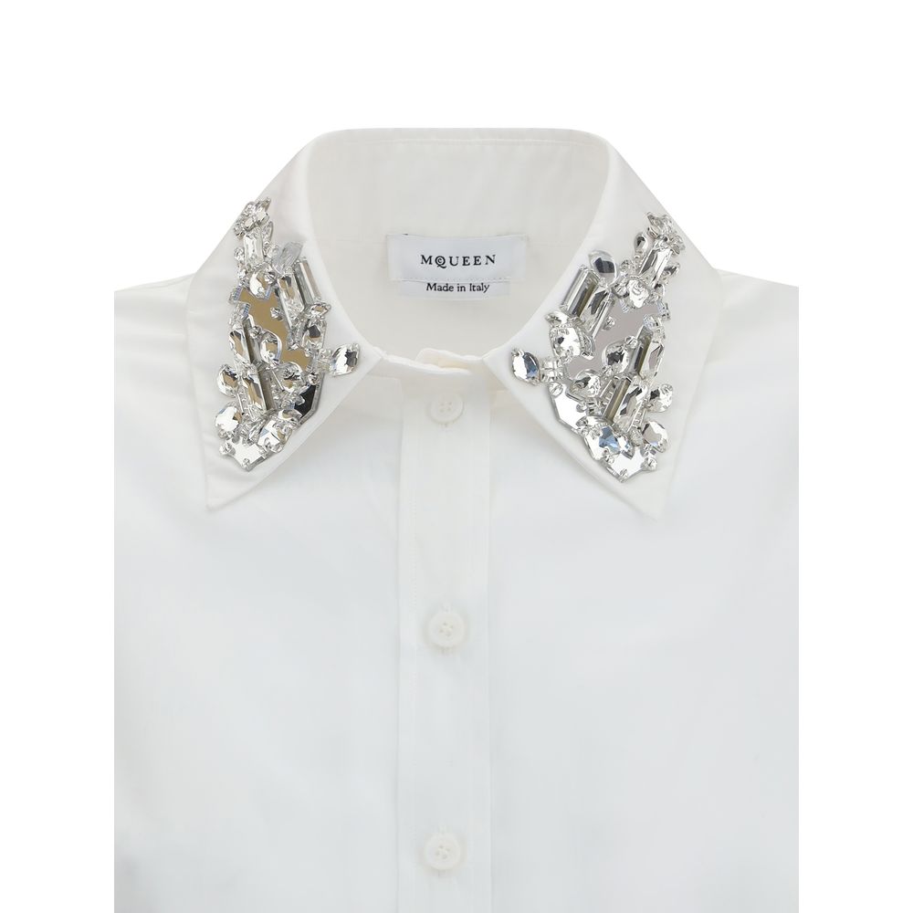 Alexander McQueen White Cotton Dress Shirt with embellished collar, showcasing a sophisticated design ideal for formal and contemporary looks.