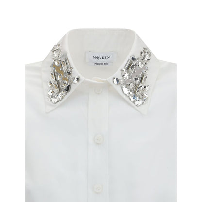 Alexander McQueen White Cotton Dress Shirt with embellished collar, showcasing a sophisticated design ideal for formal and contemporary looks.