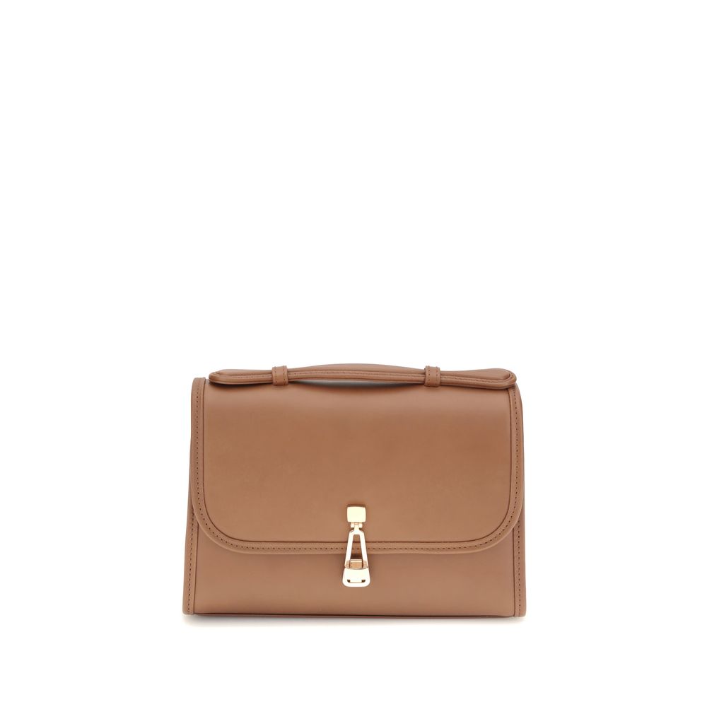 Gabriela Hearst Brown Leather Shoulder Bag in a compact satchel style with top handle, featuring utilitarian leather binding and stylish design.