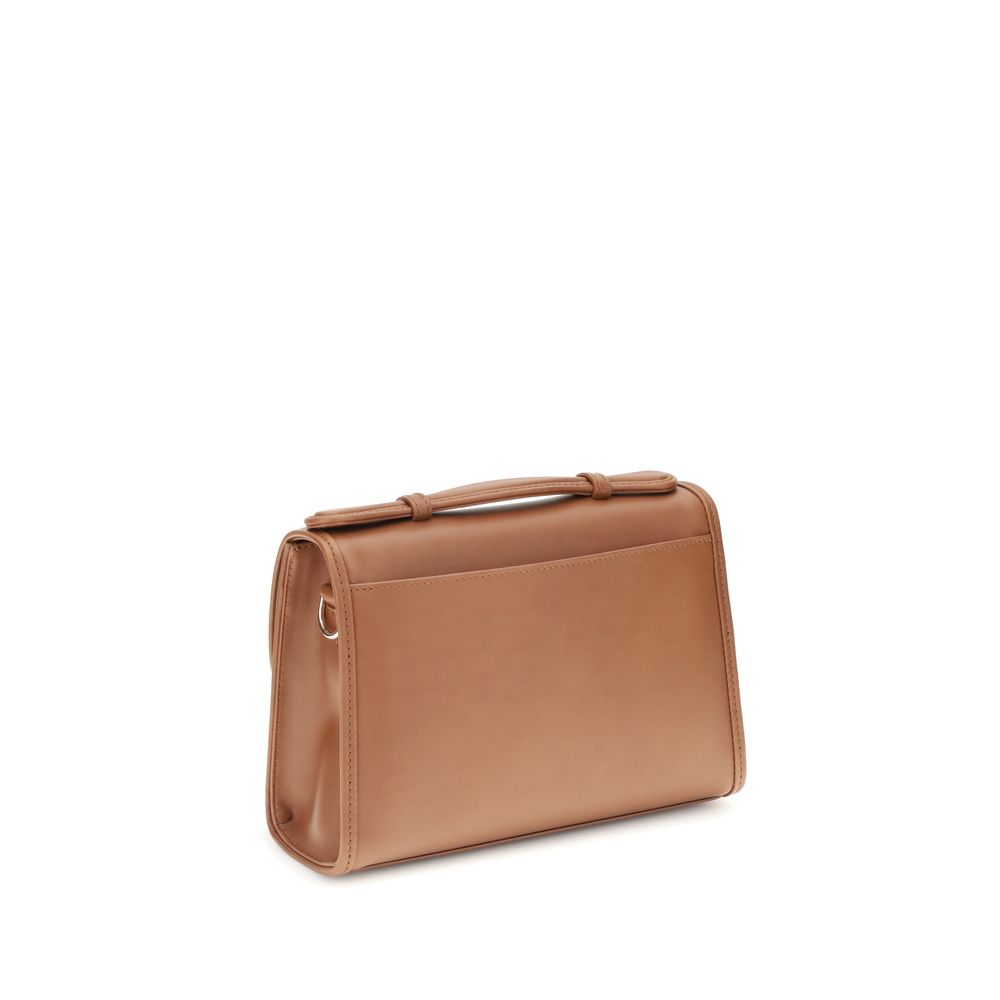 Gabriela Hearst Brown Leather Shoulder Bag with top handle and crossbody strap, showing back slip pocket. Compact, elegant design.