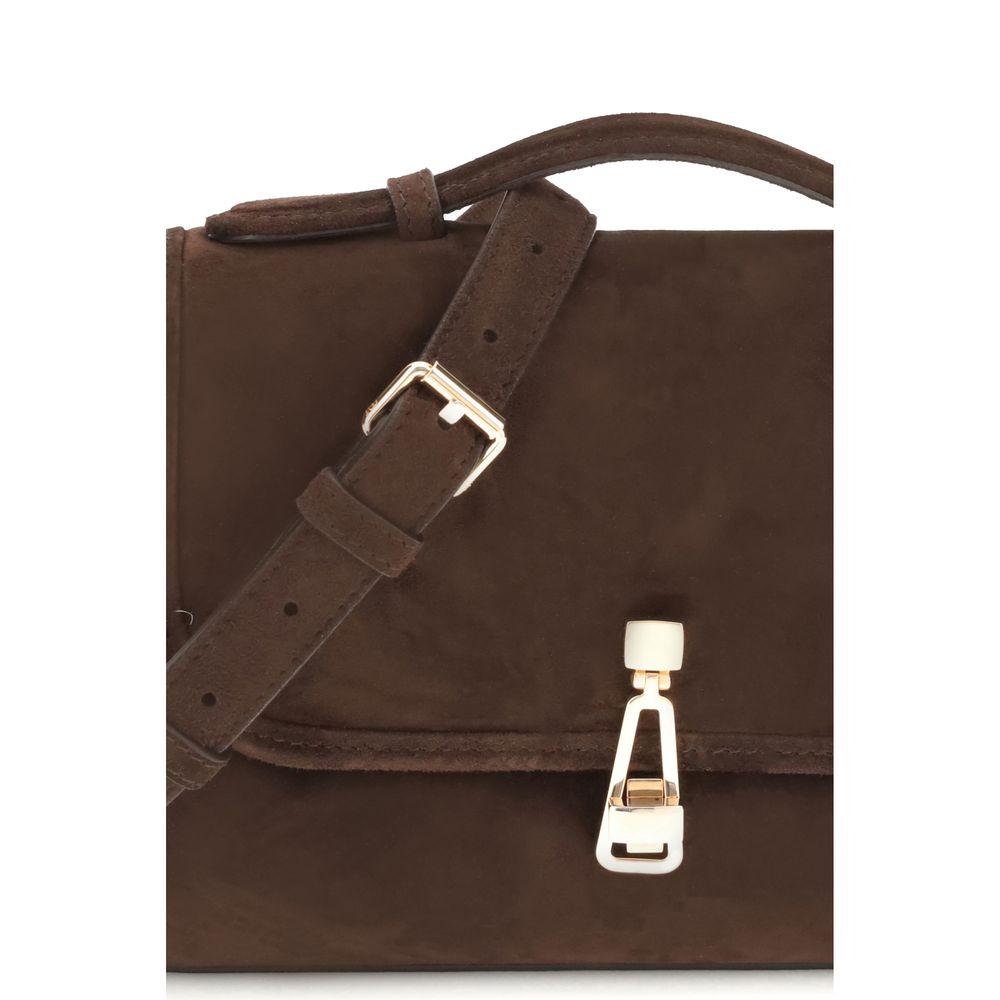 Gabriela Hearst Brown Leather Shoulder Bag with top handle and crossbody strap, featuring a flap, buckle closure, and pockets.