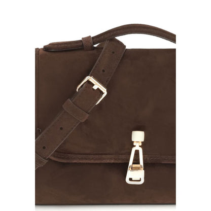 Gabriela Hearst Brown Leather Shoulder Bag with top handle and crossbody strap, featuring a flap, buckle closure, and pockets.