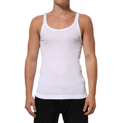 Dolce & Gabbana White Sleeveless Round Neck Tank Top T-shirt in cotton with regular fit and logo details, modeled on a person.